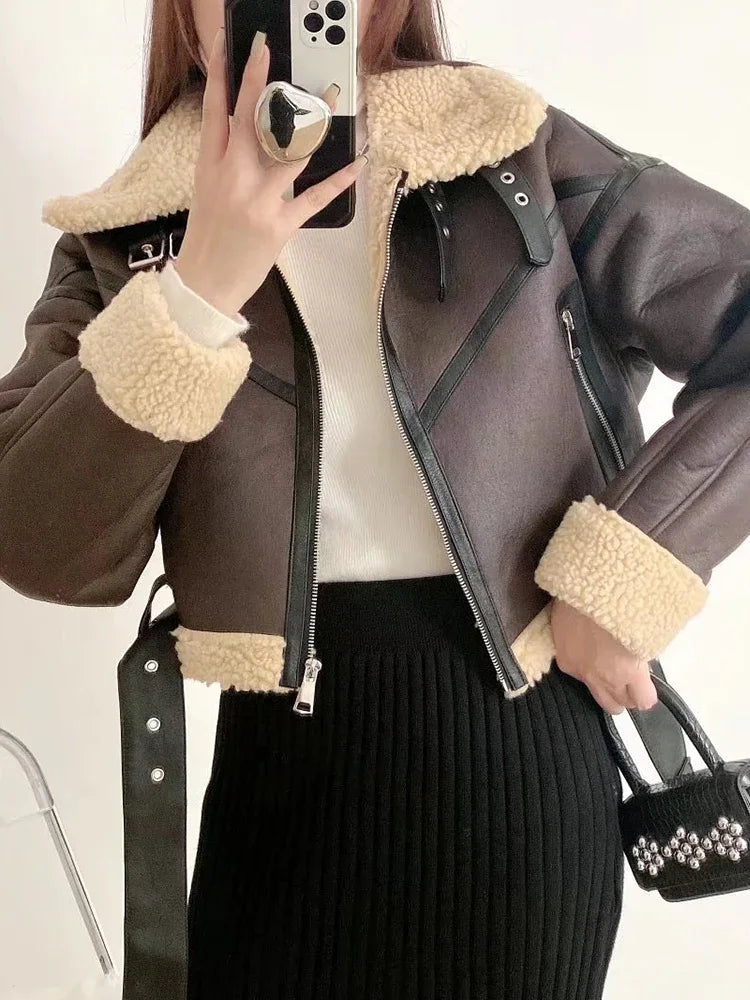 Women's Faux Leather Fur Short Jacket with Belt