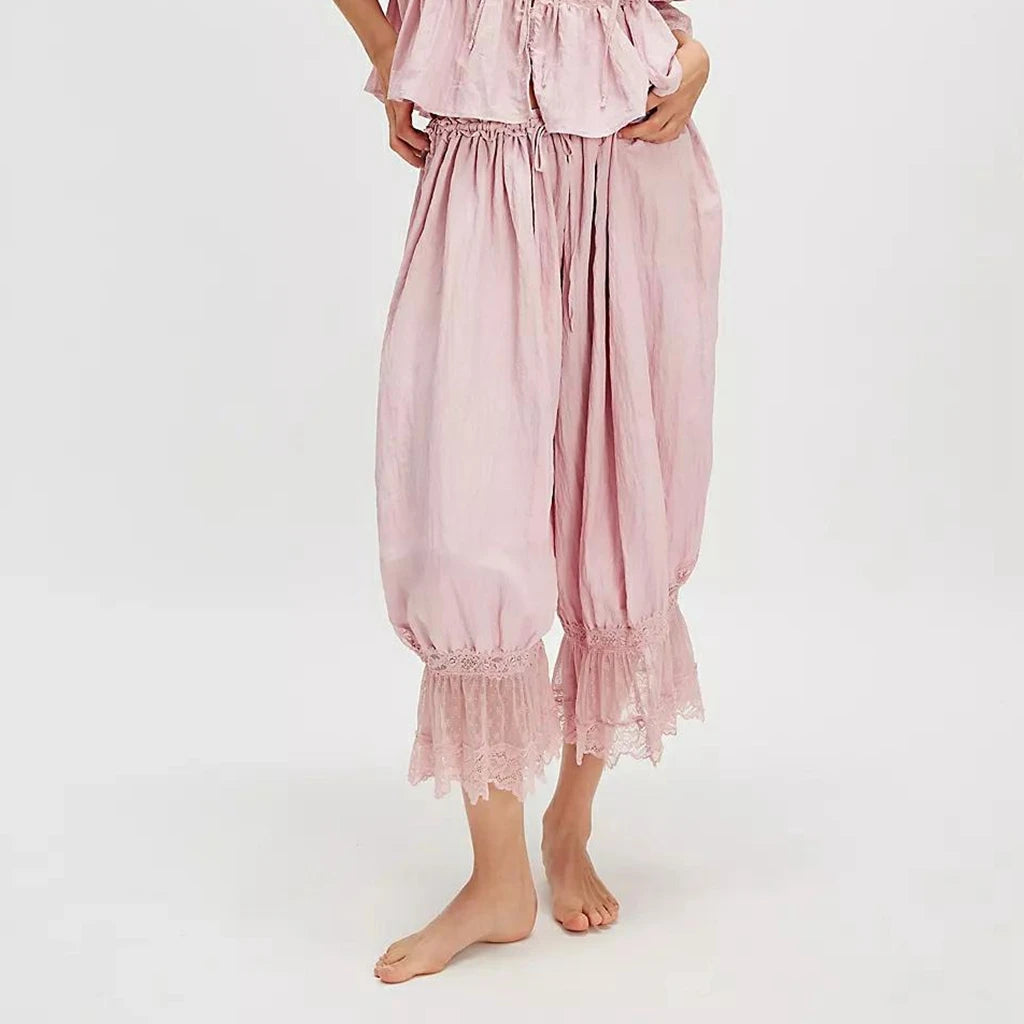 Women's Floral Lace Loose Fit Cropped Pants - High Waist Drawstring Calf-Length Lantern Bloomers