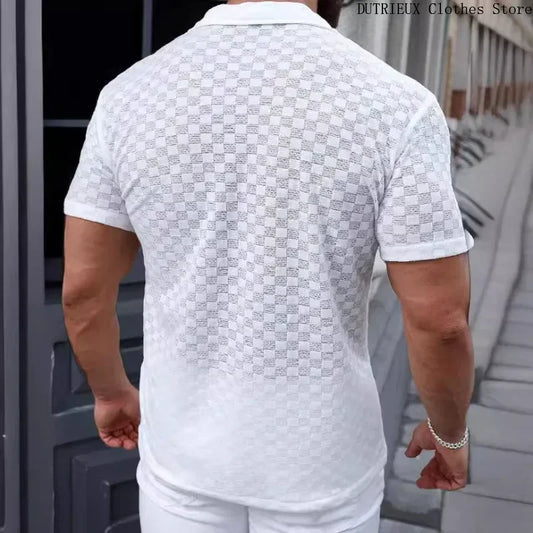 Men's Breathable Lace Hollow-Out Shirt – Stylish Casual Top for Men