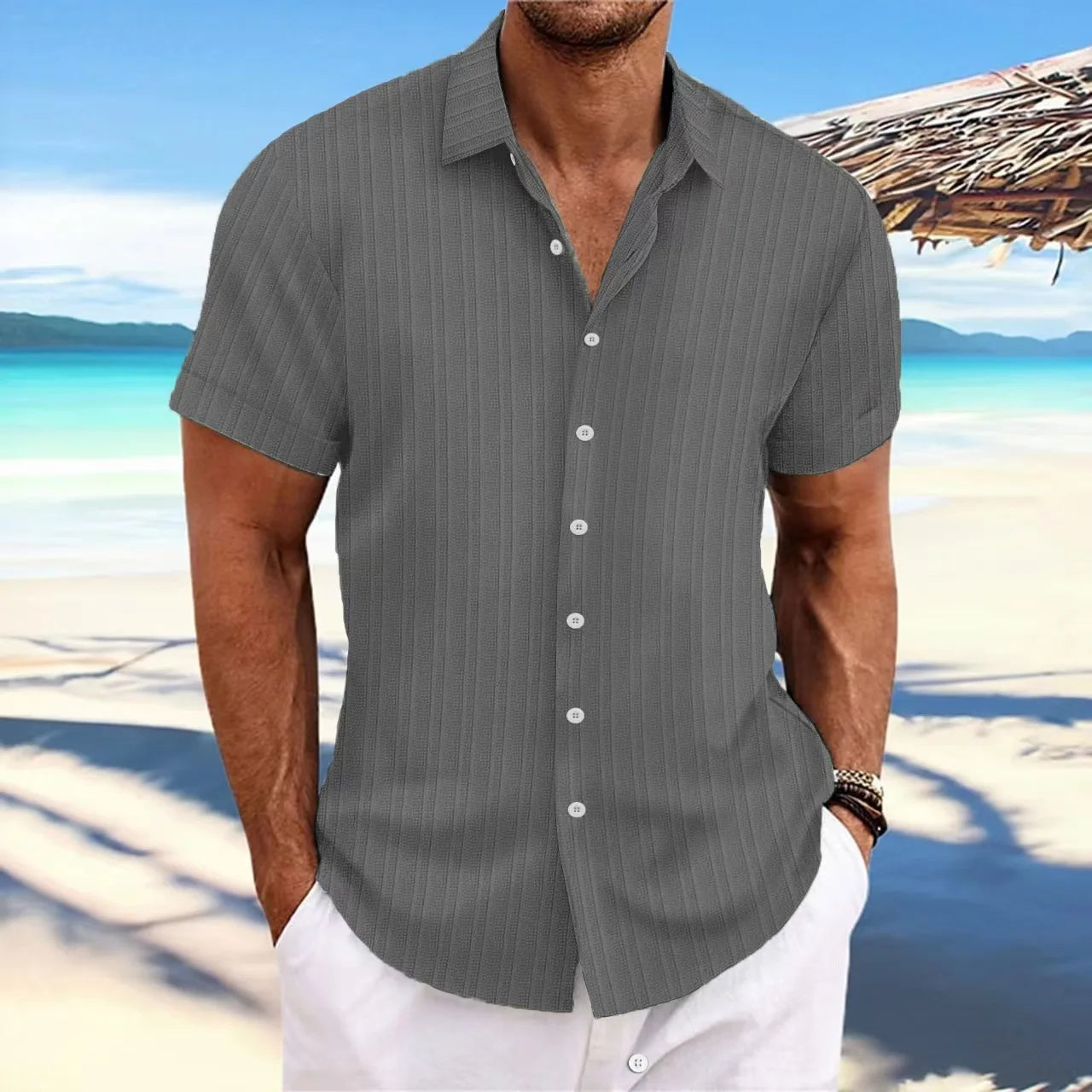 Men's Short-Sleeved Button-Up Shirt with Jacquard Wave Stripe Design