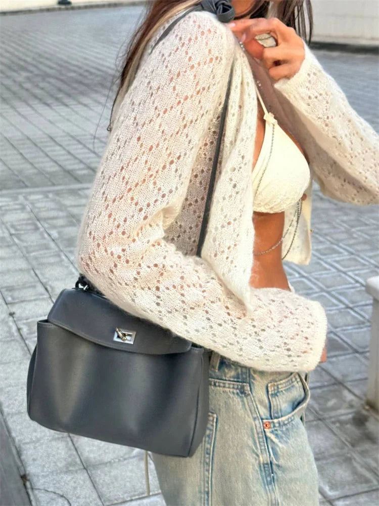 Women's Hollow Out Knit Cardigan - Long Sleeve Casual Cropped See-Through Knitwear