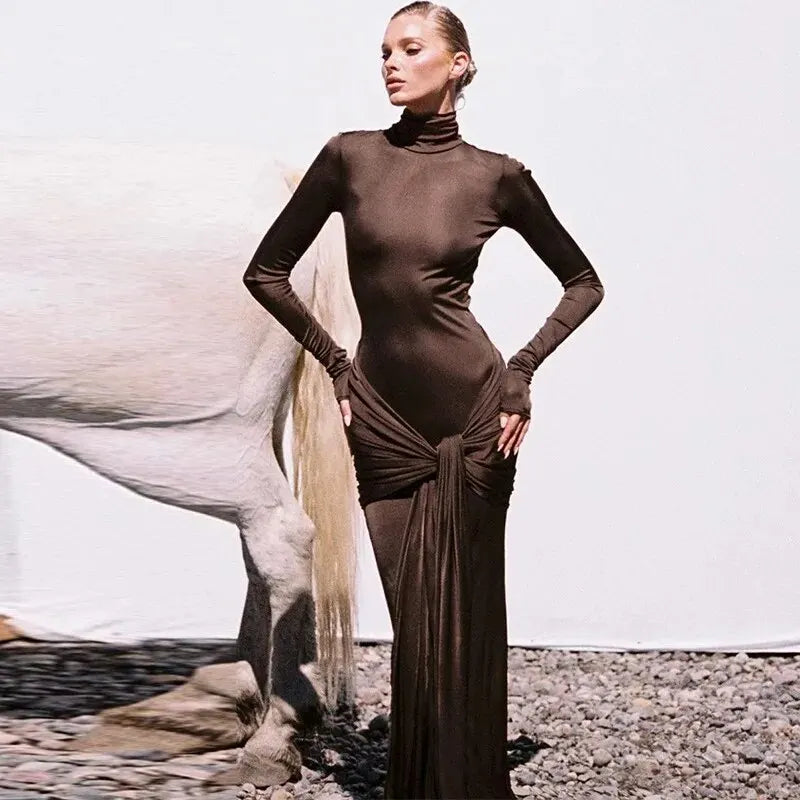 Tight-Fitting Lace-Up High Neck Long Sleeve Bodycon Dress for Women