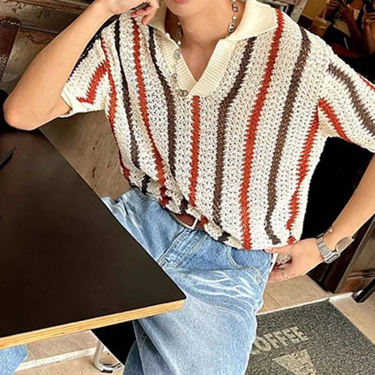 Vintage Men's Stylish Striped Hollow-Out Polo T-Shirt – Classic Men's Polo with Breathable Hollow-Out Design