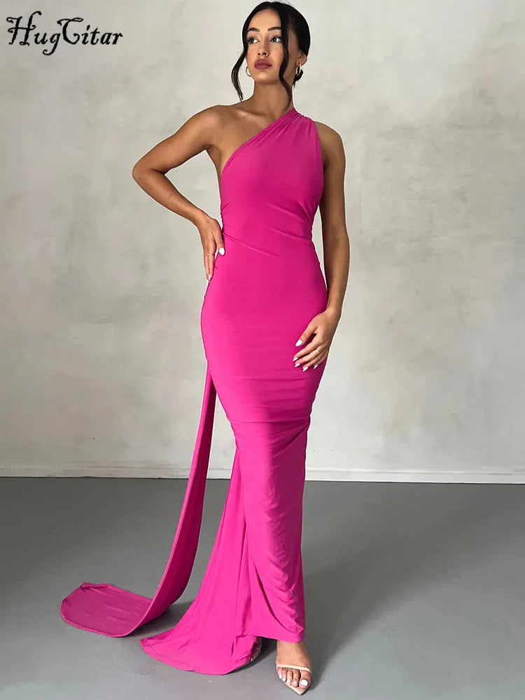 Hugcitar Adjustable Backless Ruched Dress with Single Shoulder and Scarf Loop for Women
