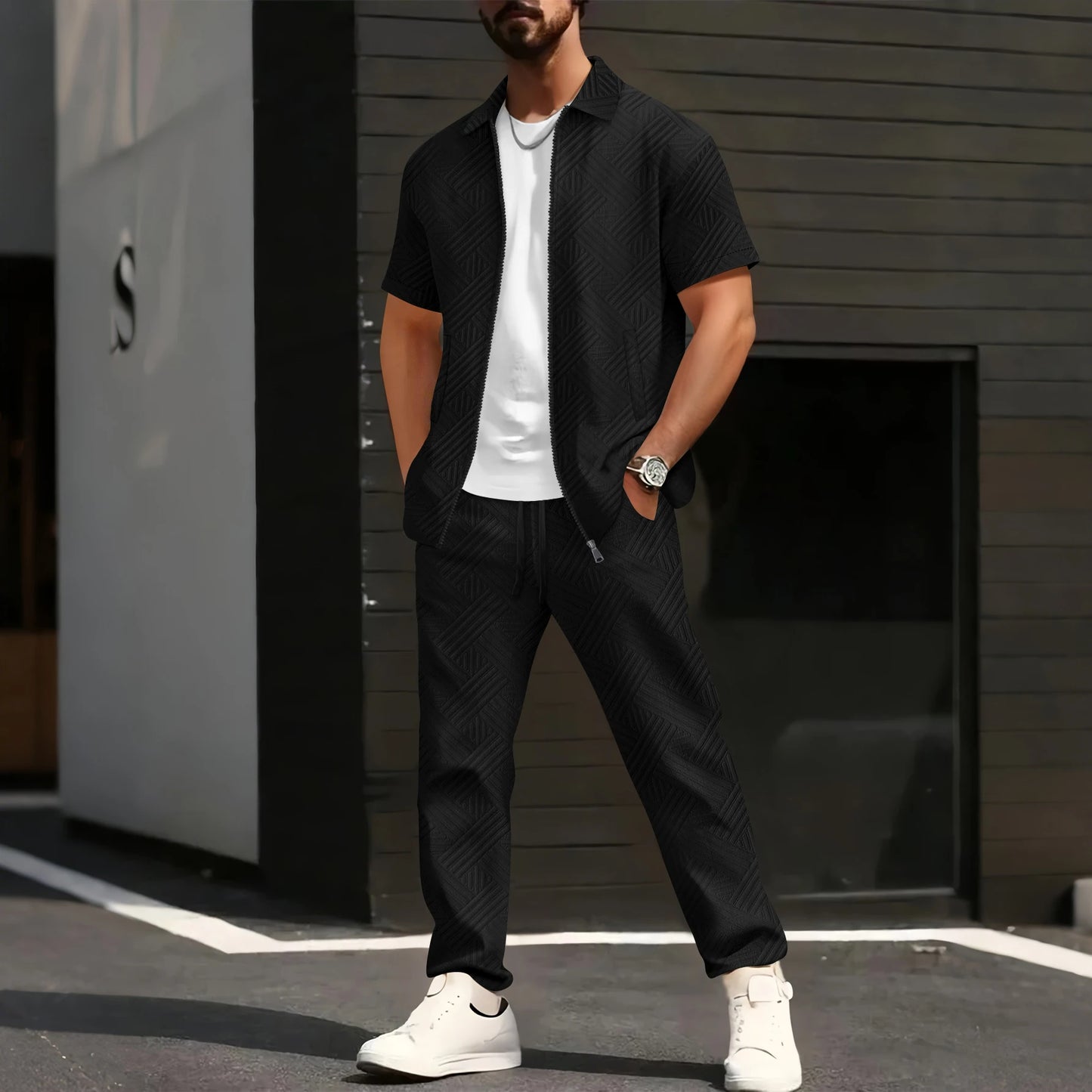Men's Geometric Jacquard 2-Piece Short Sleeve Shirt and Pants Set with Turn-Down Collar and Zip Closure