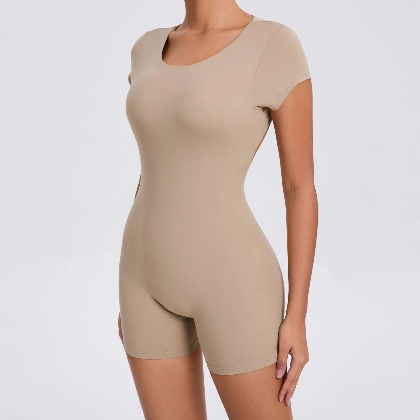 Women's Padded Short Sleeve One-Piece Jumpsuit - Quick-Dry, Backless Sports Suit for Active Fitness