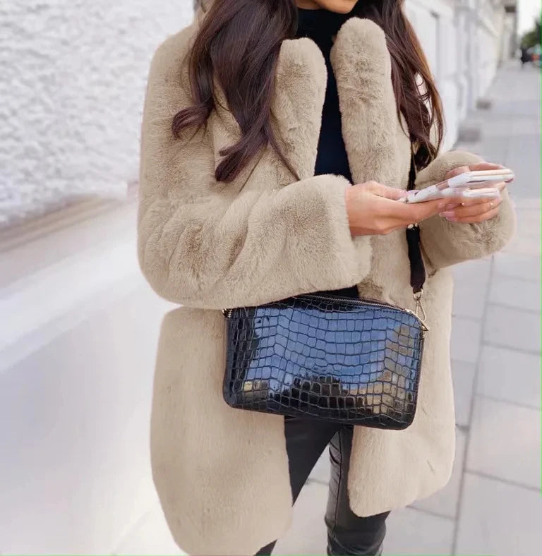 Women's Thick Warm Faux Fur Long Coat Jacket with Woven Block Design