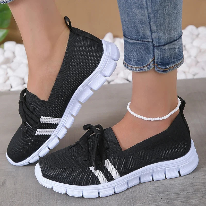 Women's Striped Lace-Up Trainers - Breathable Sneakers with Soft Sole