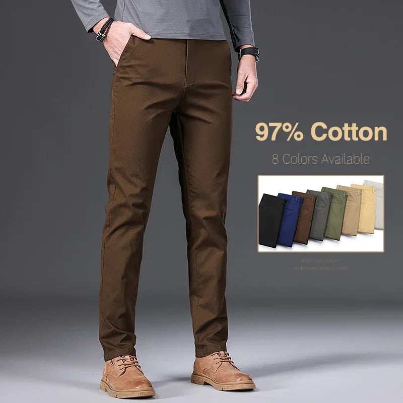 Men's Casual Slim Straight Trousers - 97% Cotton Comfortable Elastic Pants