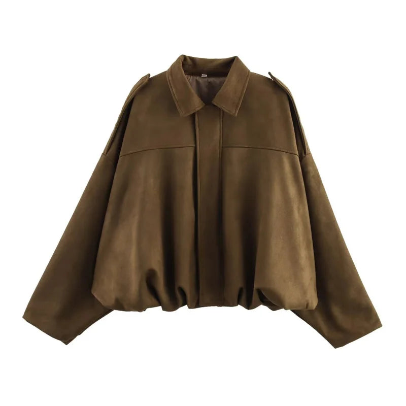 TRAF Womens Faux Suede Bomber Jacket with Loose Lapel