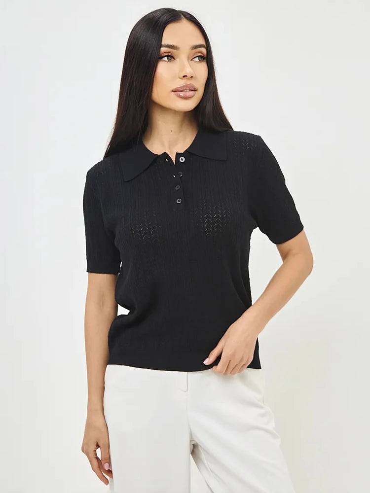 Women's Knitted Polo T-Shirt – Casual Loose Fit with Lapel, Comfortable Women's Knit Top