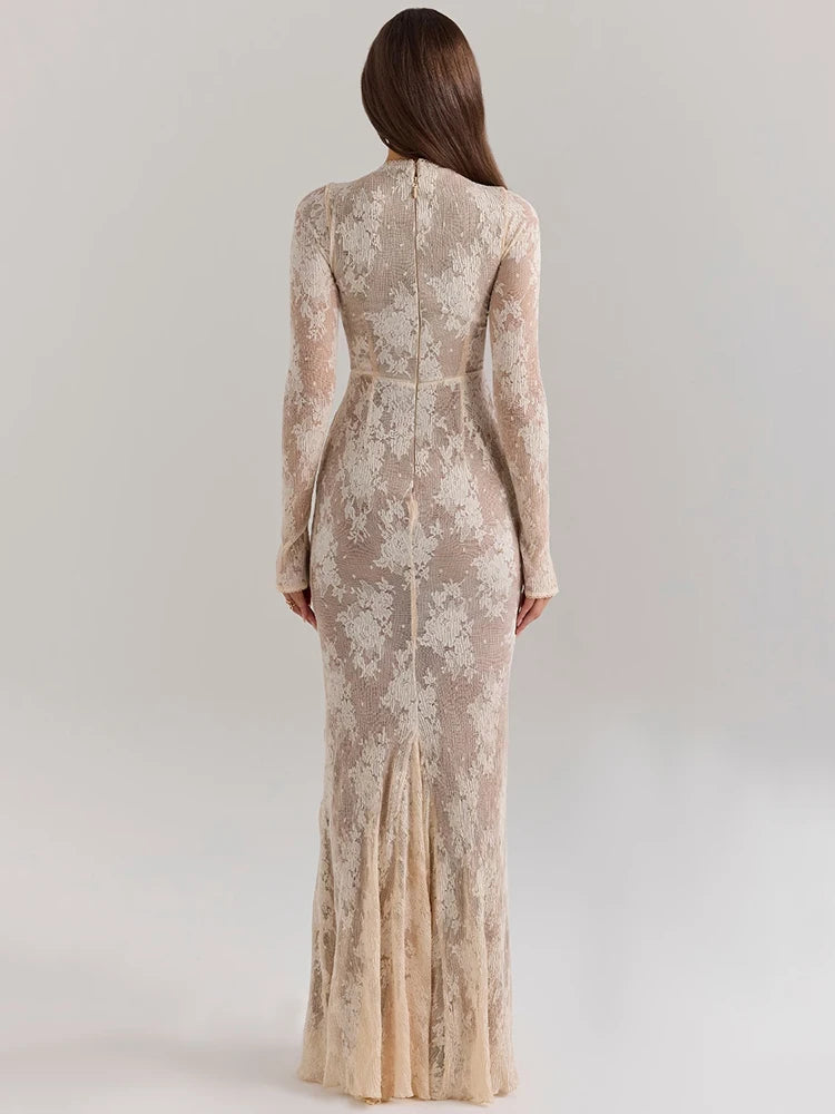 Women’s Lace Print Long Sleeve Maxi Dress with Sexy Zipper and Half High Collar