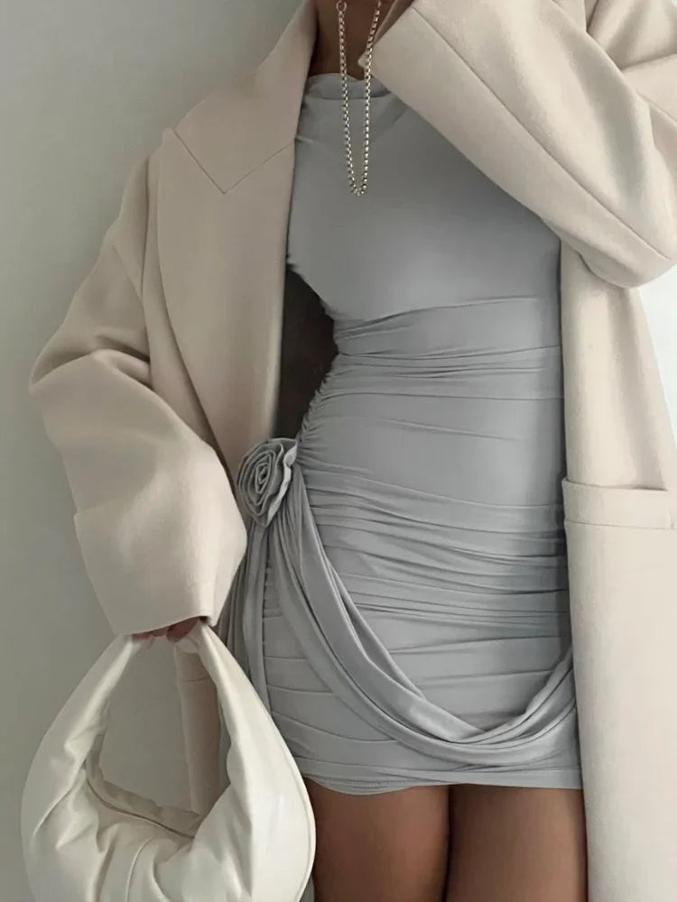 Floral Design Pleated Mini Dress with Long Sleeves for Women