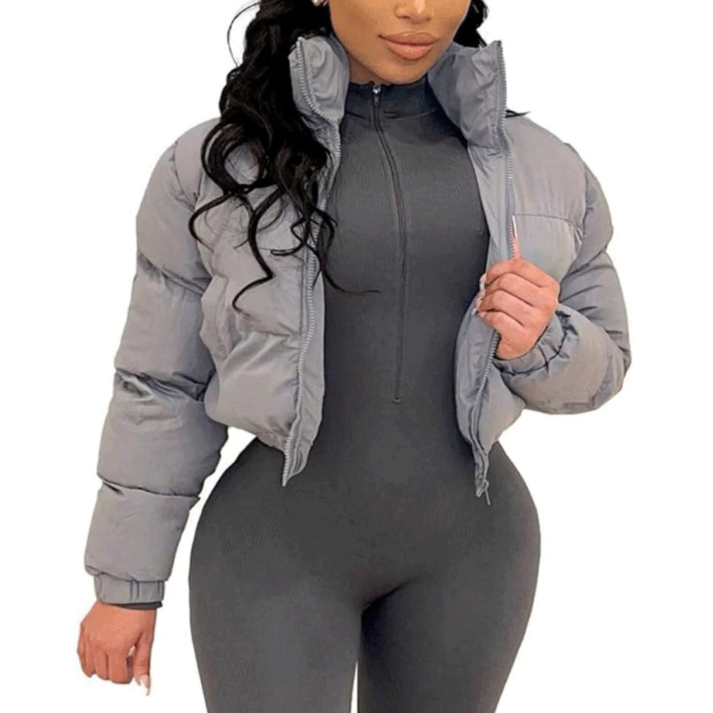 Women's Cropped Puffer Jacket - Casual Zip-Up Cotton Jacket with Padding