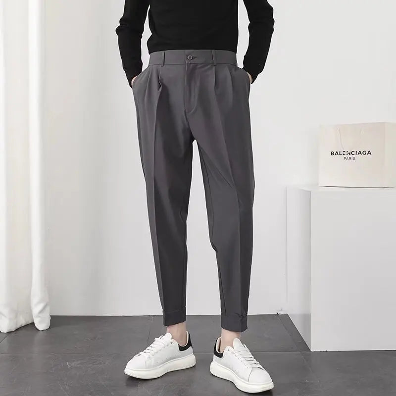 Korean Style Slim Tapered Pants for Men - Casual Elastic Waist with Pleated Detail