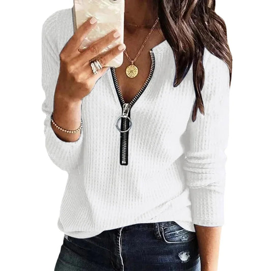 Women's Long Loose Fit Sweater with Zipper Collar