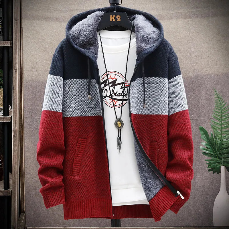 Men's Casual Striped Fleece Zip-Up Cardigan