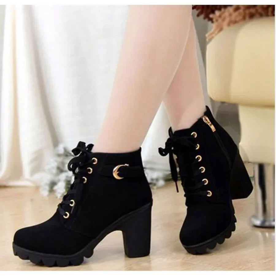 Strappy Short High Heeled Lace Up Boots for Women