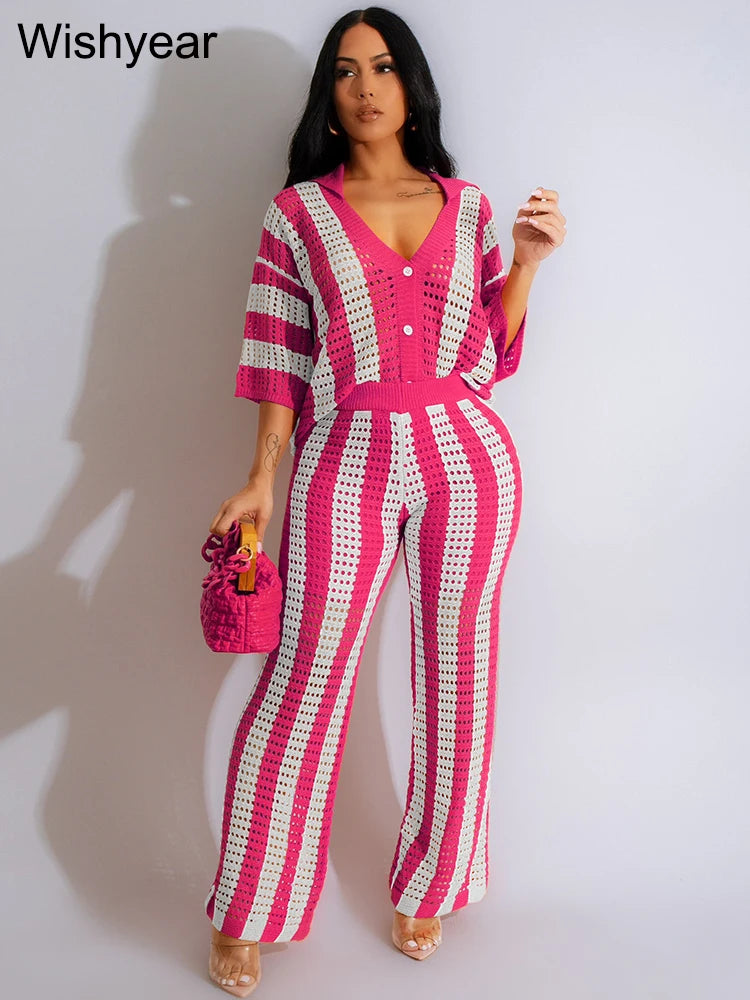 Wishyear Women's Two-Piece Striped Knit V-Neck Hollow Out Button Top & Wide Leg Pants Set