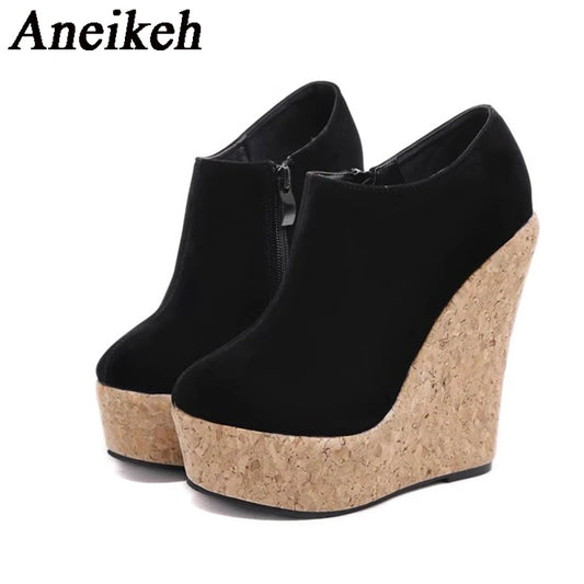 Women's Faux Suede Zippered Round Toe Platform Wedge Ankle Heels