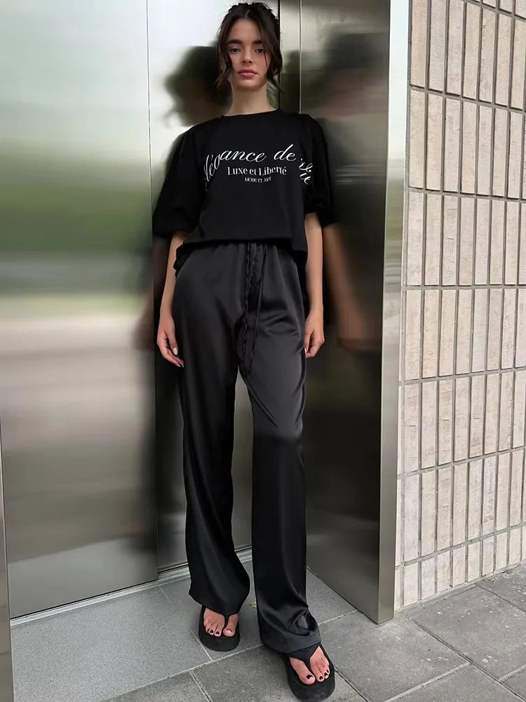 High Waist Satin Casual Women's Trousers with Lace-Up & Elastic Waist – Loose Fit for Comfort and Style