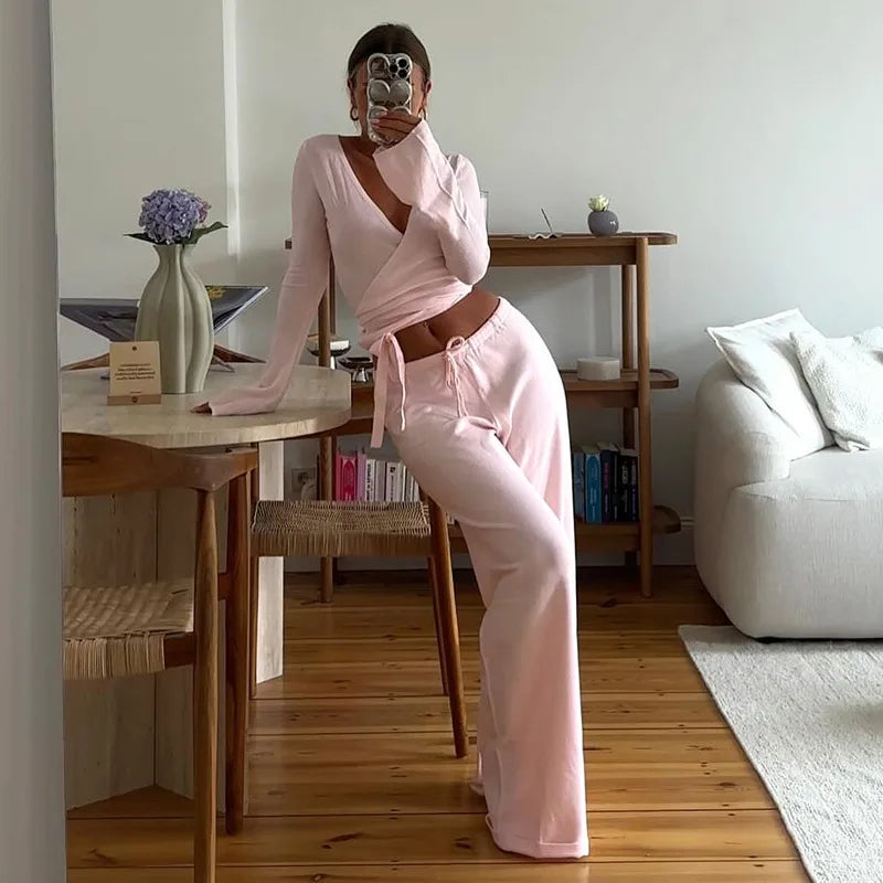 Women's 2-Piece Loose Pants and Flare Sleeve Crop Top Set