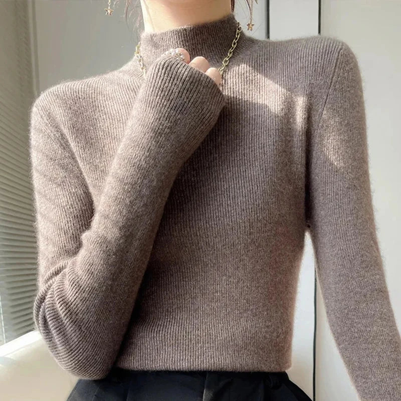 Ribbed Neck Sweater for Women - Fitted Knitted Pullovers