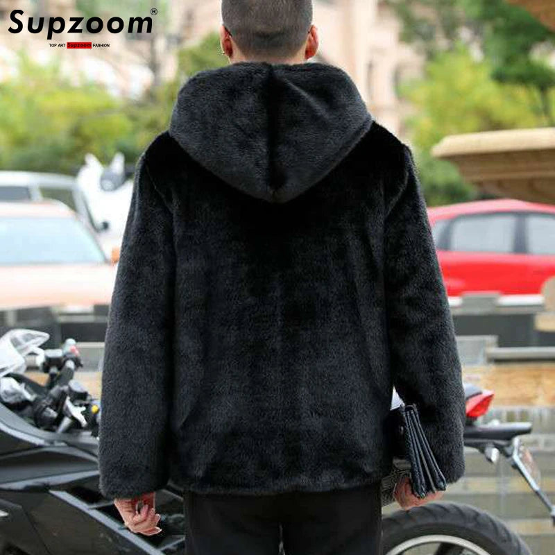 Supzoom Men's Hooded Jacket with Faux Fur and Zipper