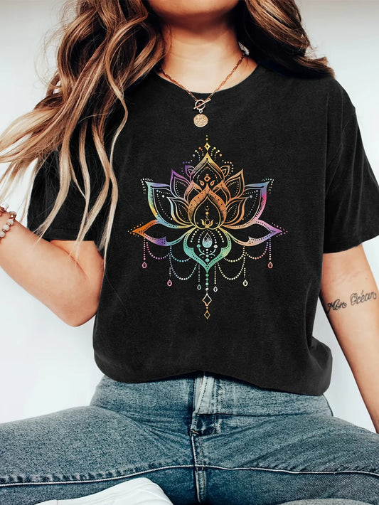 Person wearing a black t-shirt with a colorful lotus design.