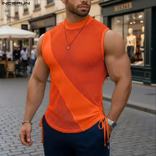 Incerun Men's Mesh Tank Top with Turtleneck and Side Lace Details