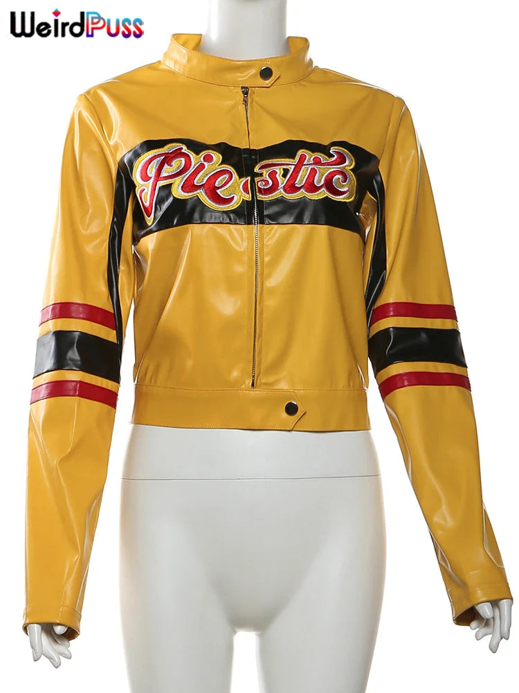 WeirdPuss Letter Embroidery Varsity Jacket for Women | Faux Leather & Stylish Outerwear