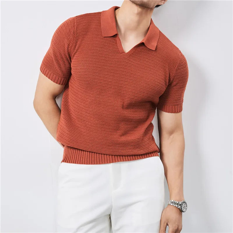 Men's Slim Fit Knitted Polo T-Shirt with V-Neck