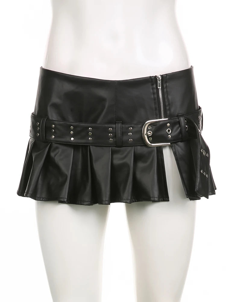 Women's Slim Pleated Split Skirt with Sashes and Metal Buckle - Low Waist Design