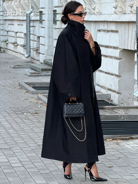 Women's Chic Long Sleeve Trench Coat with Stand Collar and Loose Fit