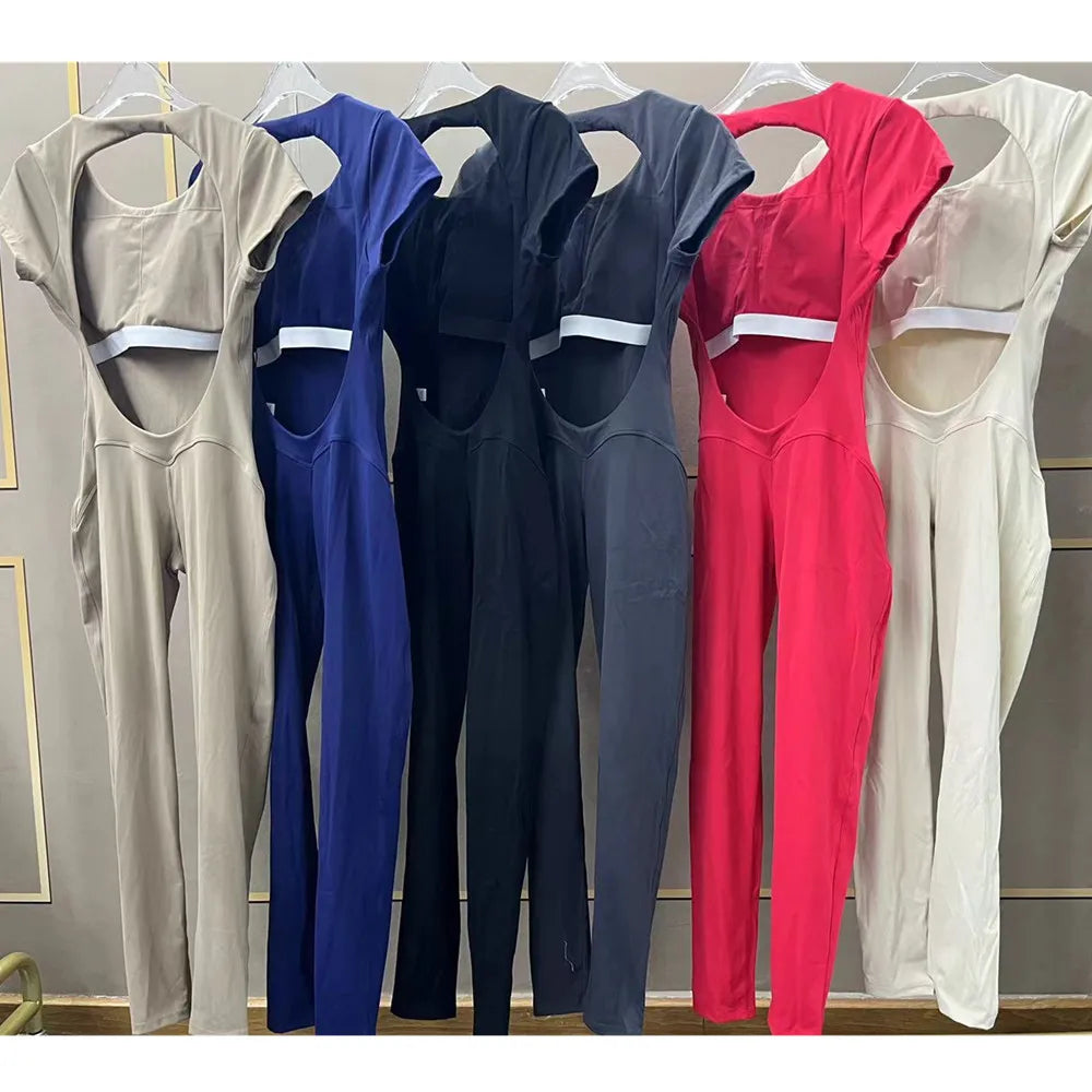 Women's Padded Short Sleeve One-Piece Jumpsuit - Quick-Dry, Backless Sports Suit for Active Fitness