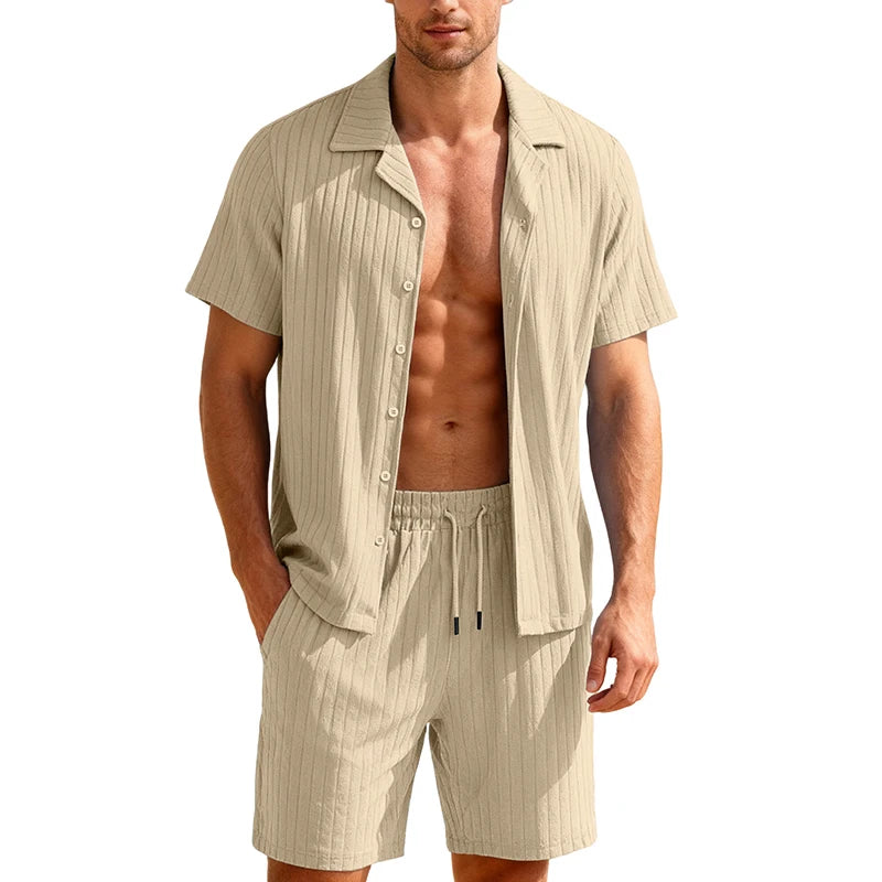 Men's Two-Piece Casual Button-Down Shirt and Drawstring Shorts Set