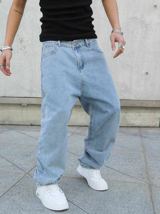 Men's Oversized Baggy Jeans - Loose Fit Straight Wide Leg Denim Pants