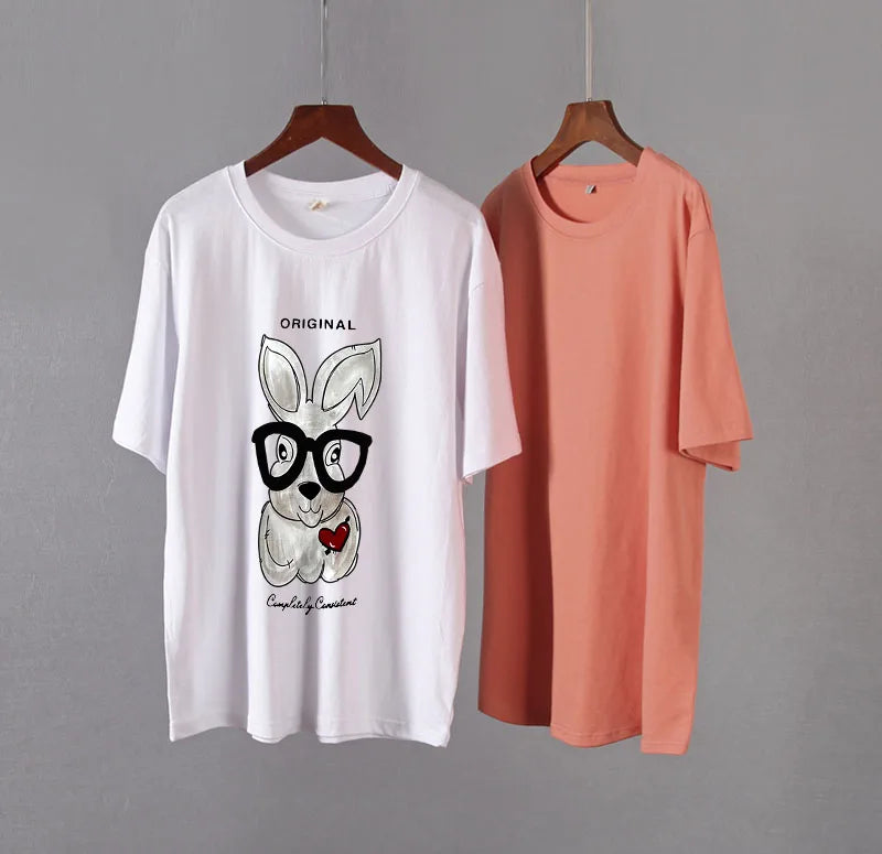 Elegant Rabbit Cartoon Printed Oversized Cotton T-Shirt for Women – Casual Style by Hirsionsan
