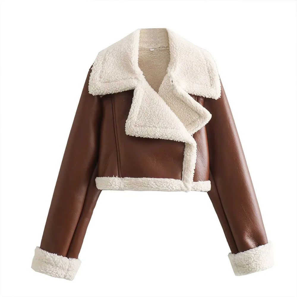 Women's Black Cropped Faux Leather Jacket with Wool Blend