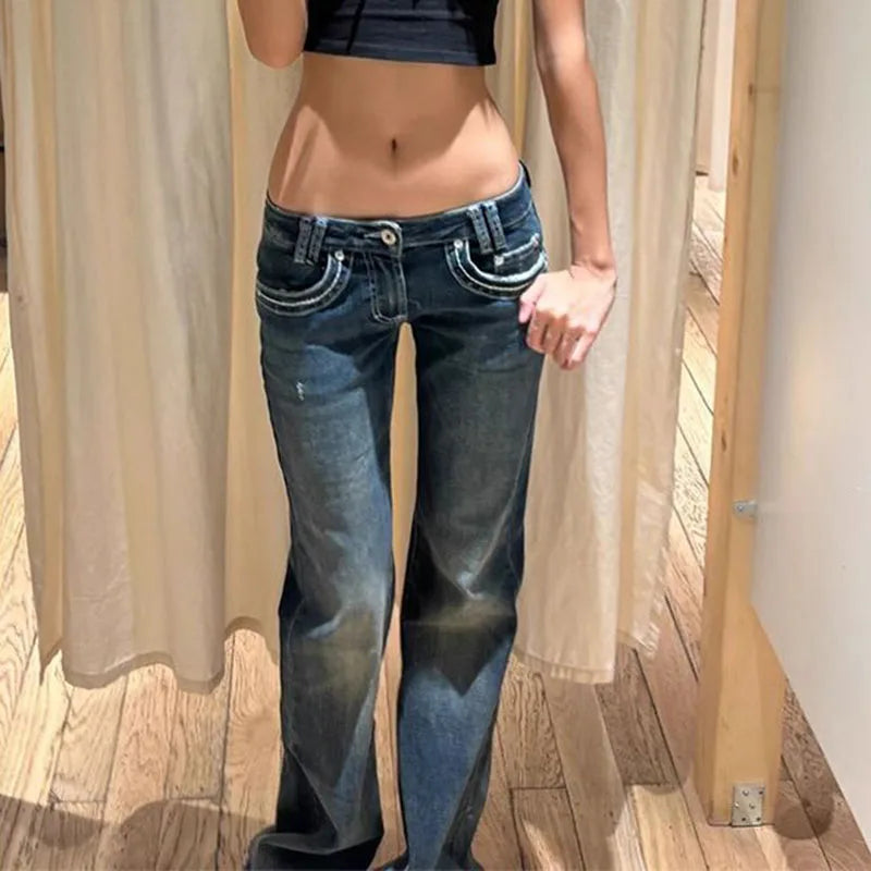 Vintage High Street Low-Waisted Wide Leg Flared Denim Jeans for Women