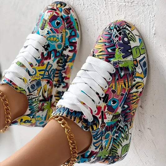 Women's Thick-Soled Sneakers with Graffiti Style