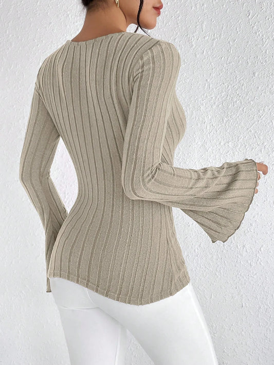 Women's V-Neck Long-Sleeve Slim Fit Striped Knitted Sweater