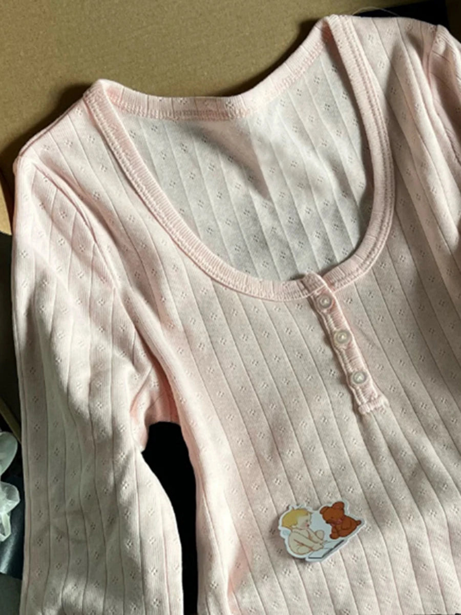 Women's Hollow Out Long Sleeve Round Neck Button-Up Slim Fit Cotton Sweater