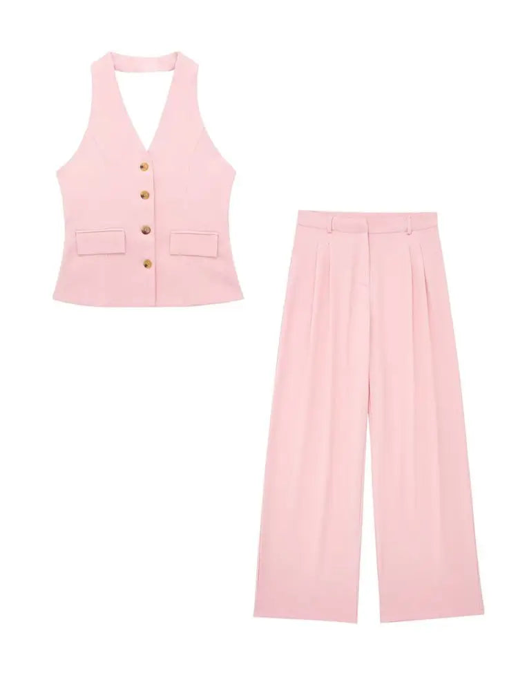 Women's Halter Neck Sleeveless Vest Top & Wide-Leg Pants 2-Piece Set