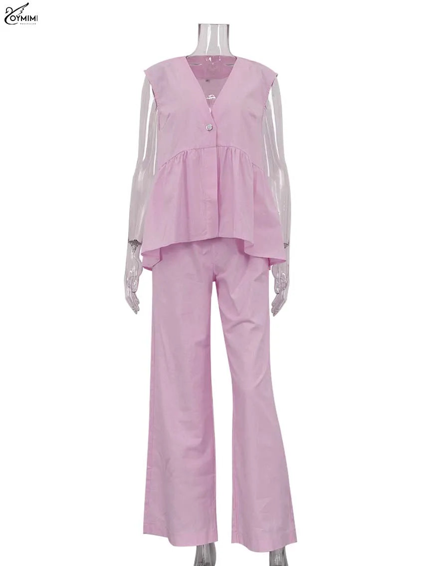 Women's 2-Piece Blue Cotton Linen Set: V-Neck Backless Halter Lace-Up Vest and Straight Pants