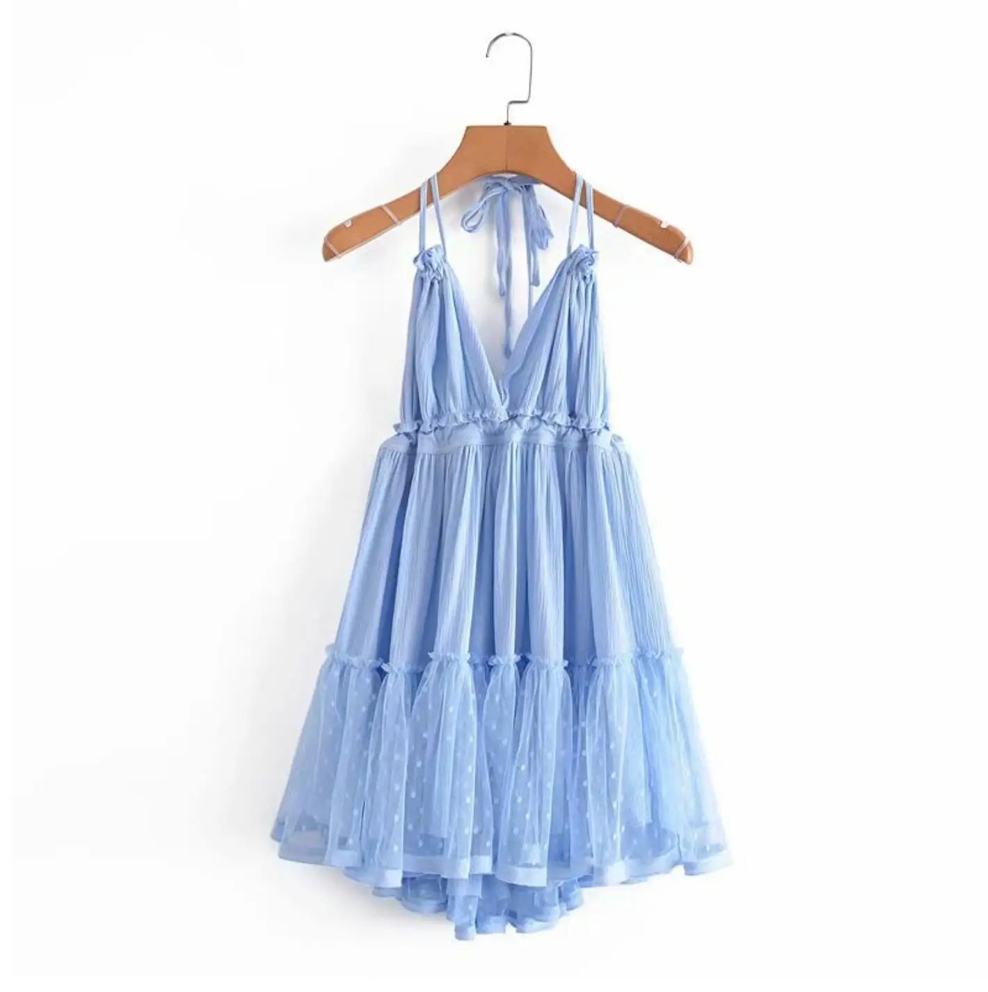 Women's Bow-Back Lacing Halter Collar Mesh Pleated Mini Dress