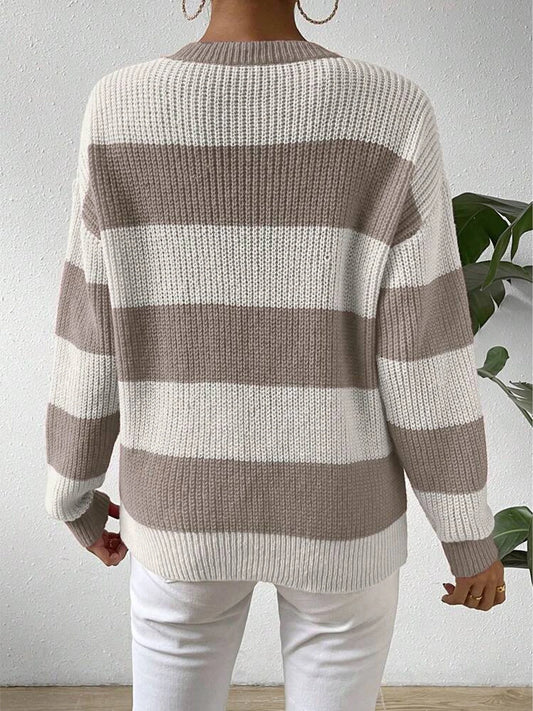 Women's Striped Knitted Sweater with Round Neck