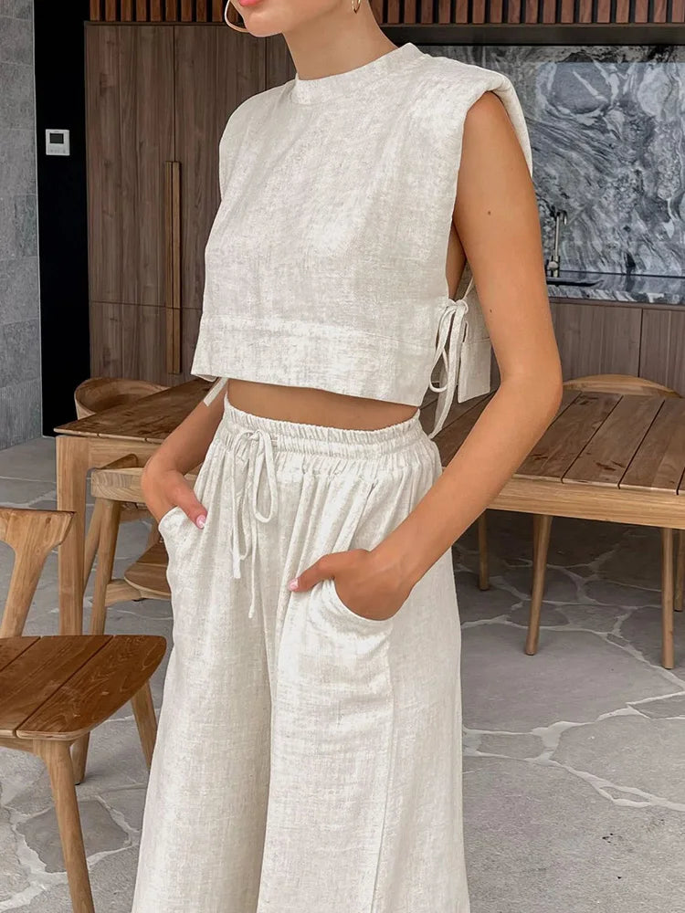 Women's Linen Crop Top and Pant Set