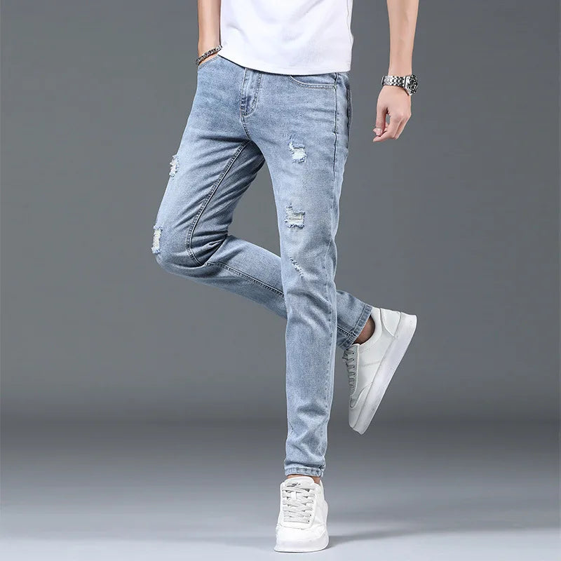Men's Ripped Slim Fit Stretch Jeans – Straight Leg, Thin Fit Denim Pants for Men