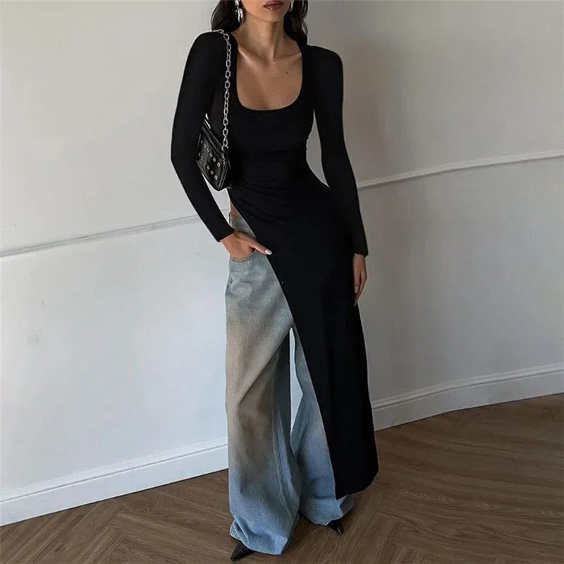 Women’s Classic U-Neck Skinny Sweater Dress with Side Slits